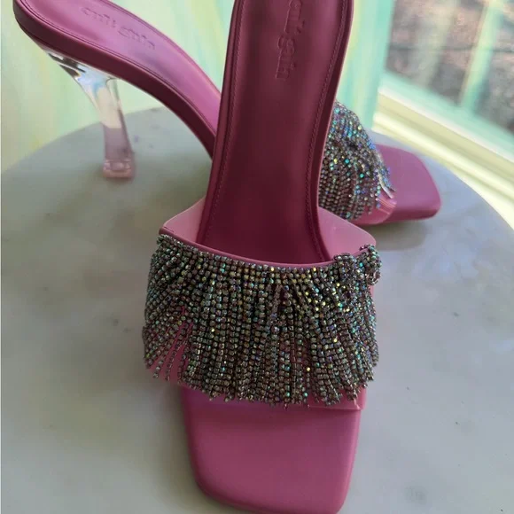 Cult Gaia Elegant Pink Heeled Mules with Rhinestone Fringe - Picture 3 of 9